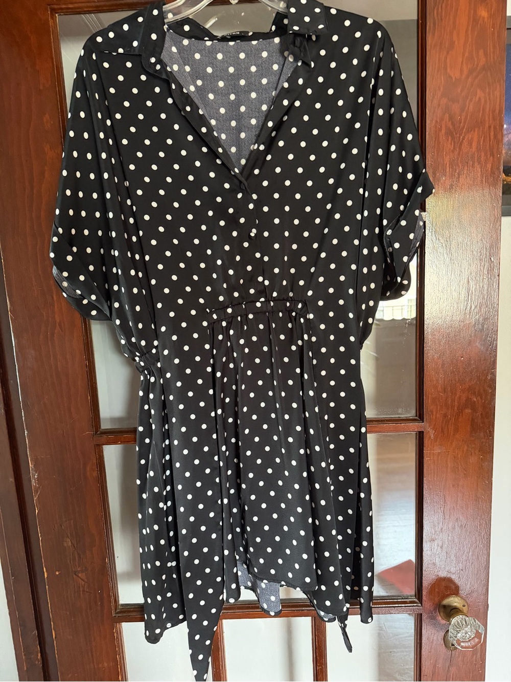 Black Polka Dot Mini Dress with Cinched Waist